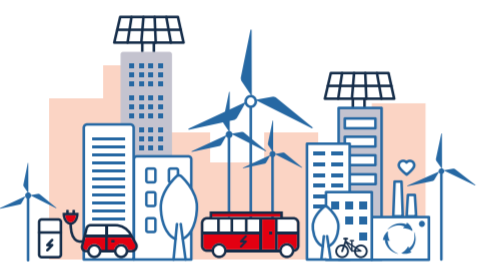 illustration showing a cityscape with windmills, trees and electric vehicle charging stations