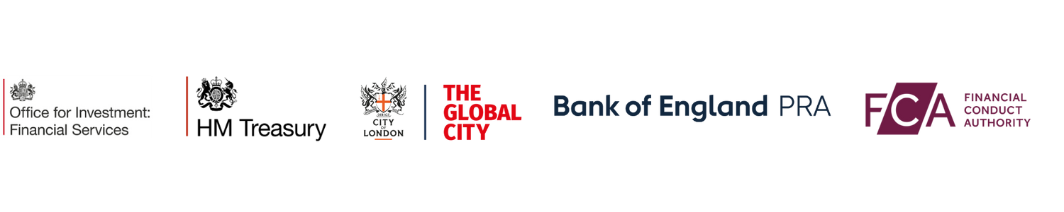 The logos of the Office for Investment: Financial Services, HM Treasury, City of London Corporation, Financial Conduct Authority, and Bank of England: Prudential Regulation Authority